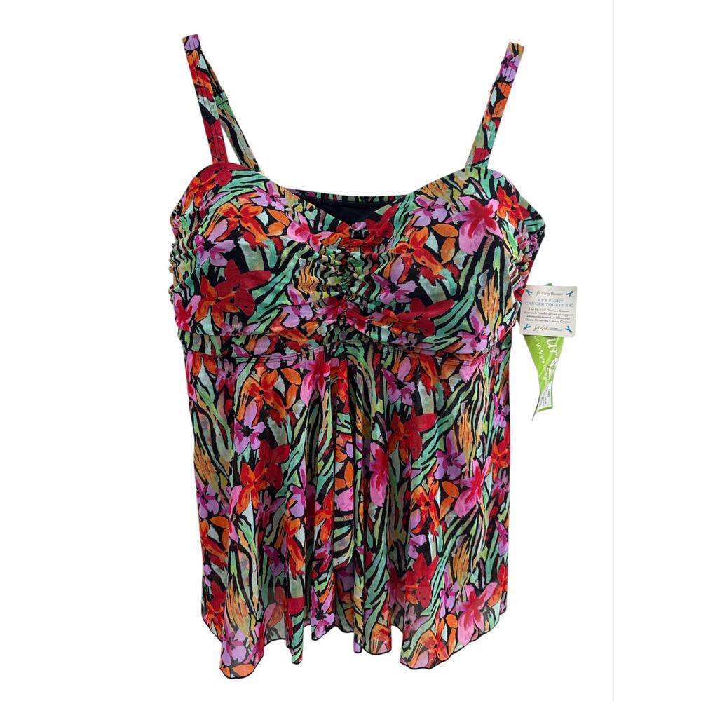 NWT Fit 4 U Plus Sz 24W Tummy Control Brush Stroke Mesh Bandeau Swim Top Floral